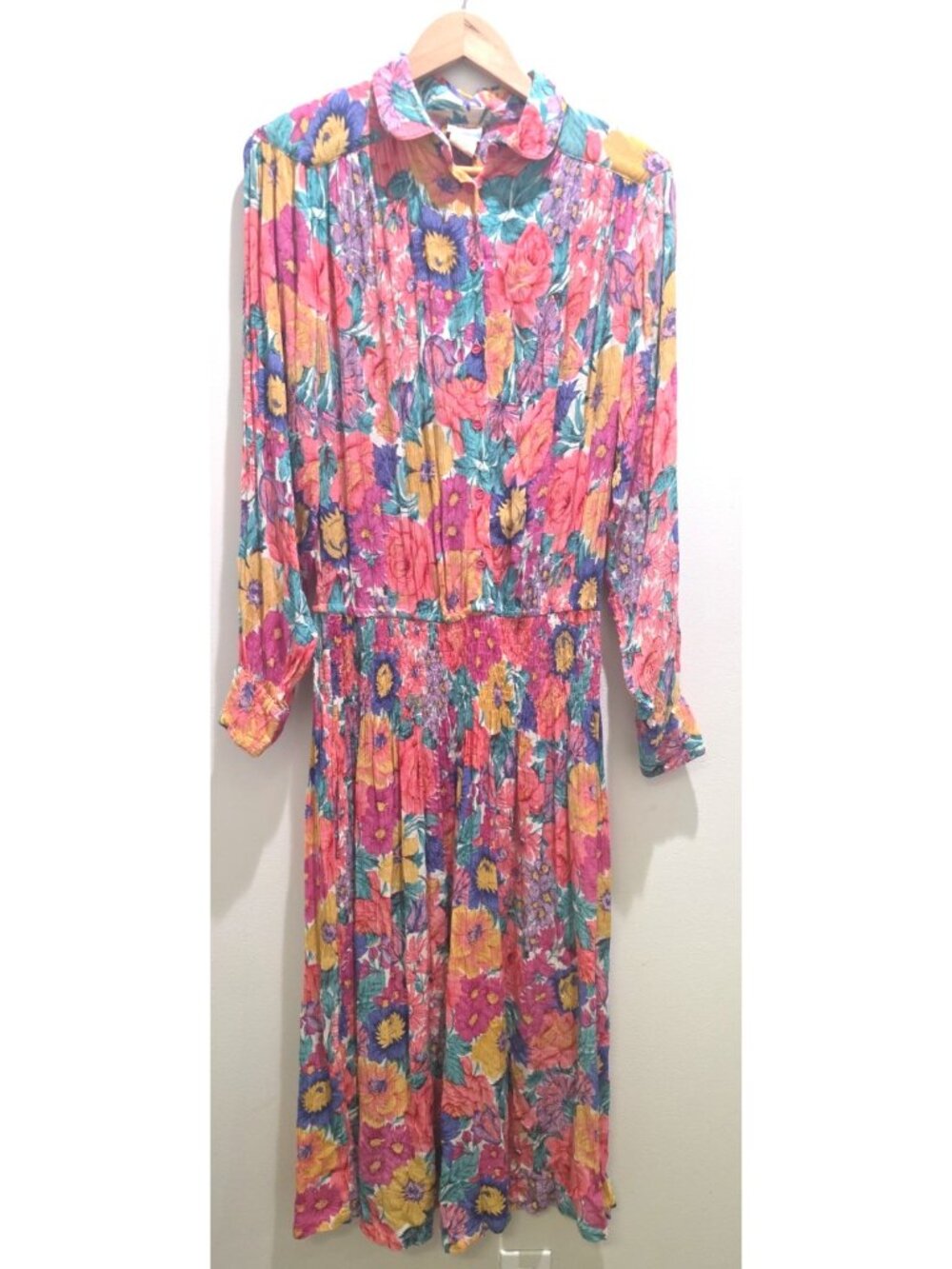 Vtg 70s Adini Midi Dress L Floral Elastic Band Rayon Crinkle Boho Hippie India